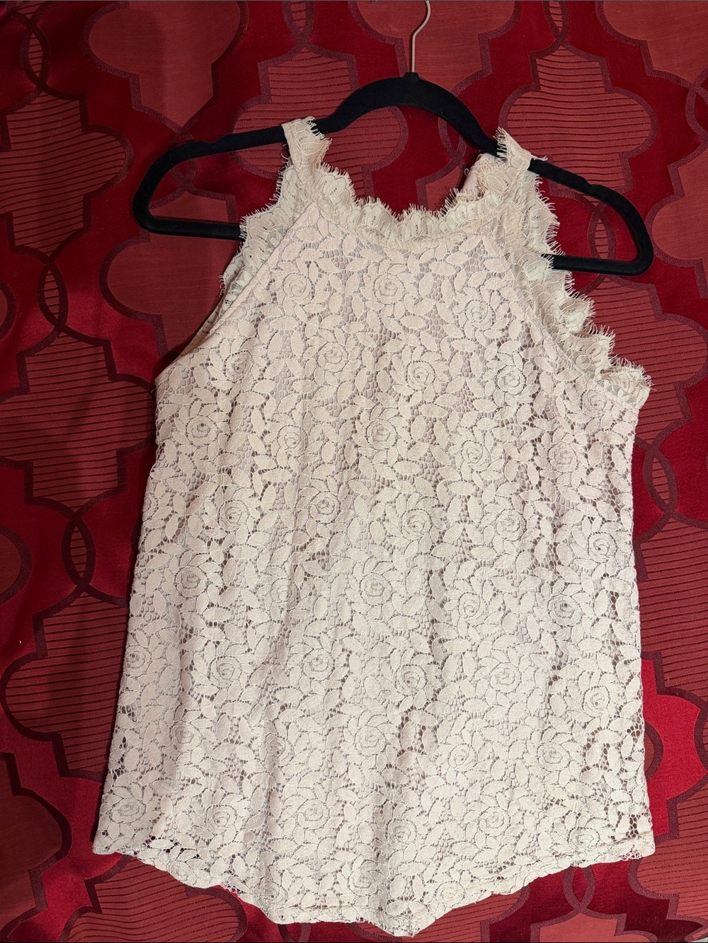 Lace Fringe Trim Sleeveless Shell Top - light pink
